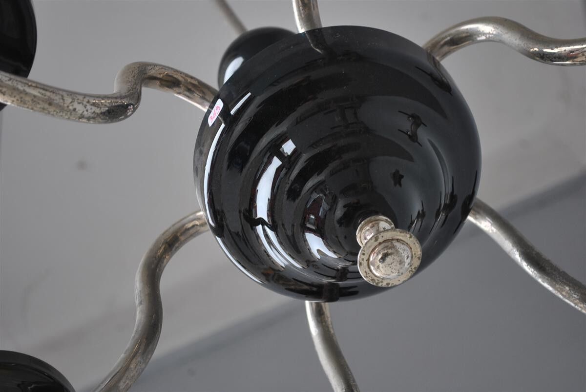 Chandelier 1930 tubular arms to 6 lights black opaline cups