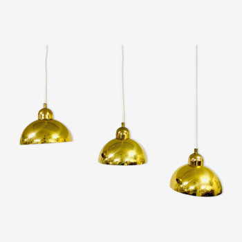 Set of 3 vintage gold aluminium hanging lamps, eclectic lights