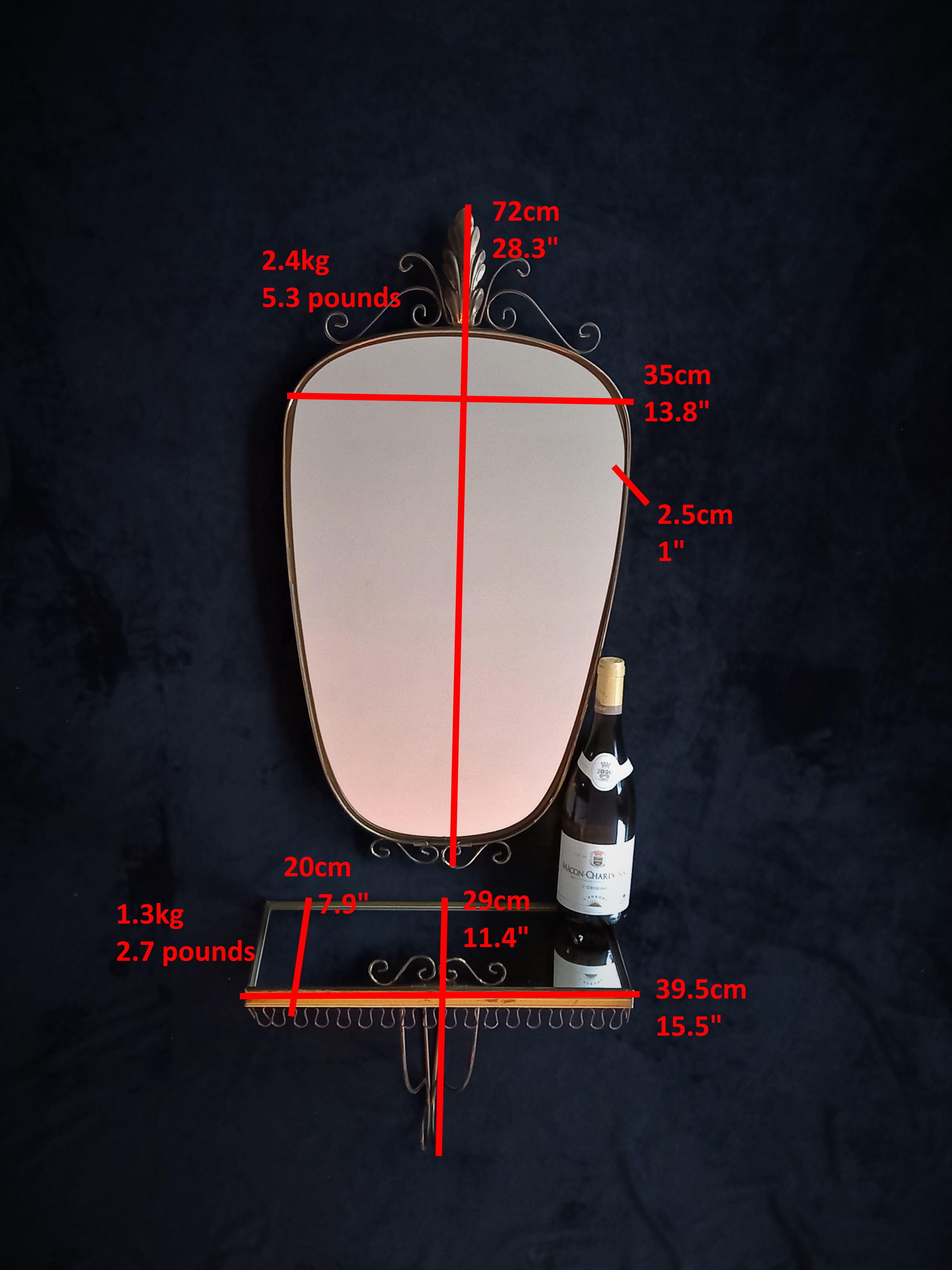 Mirror set and wall lamp in gold metal by deknudt, 1960s