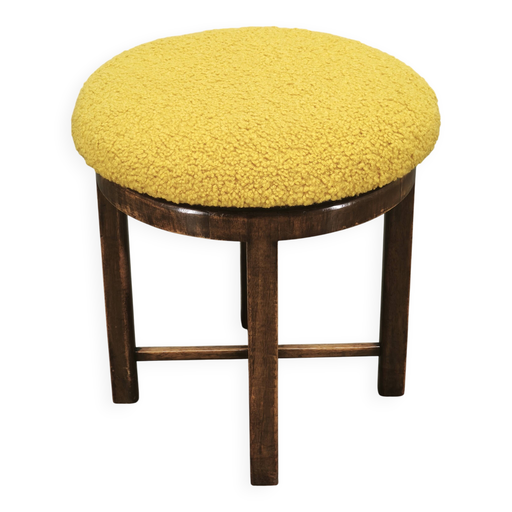 1930s Czech Art Deco Beechwood Stool with Bouclé Upholstery