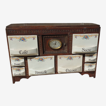 Etagère à épices ancienne en bois et céramique avec horloge