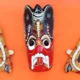 Masque mural Bois sculpté polychrome