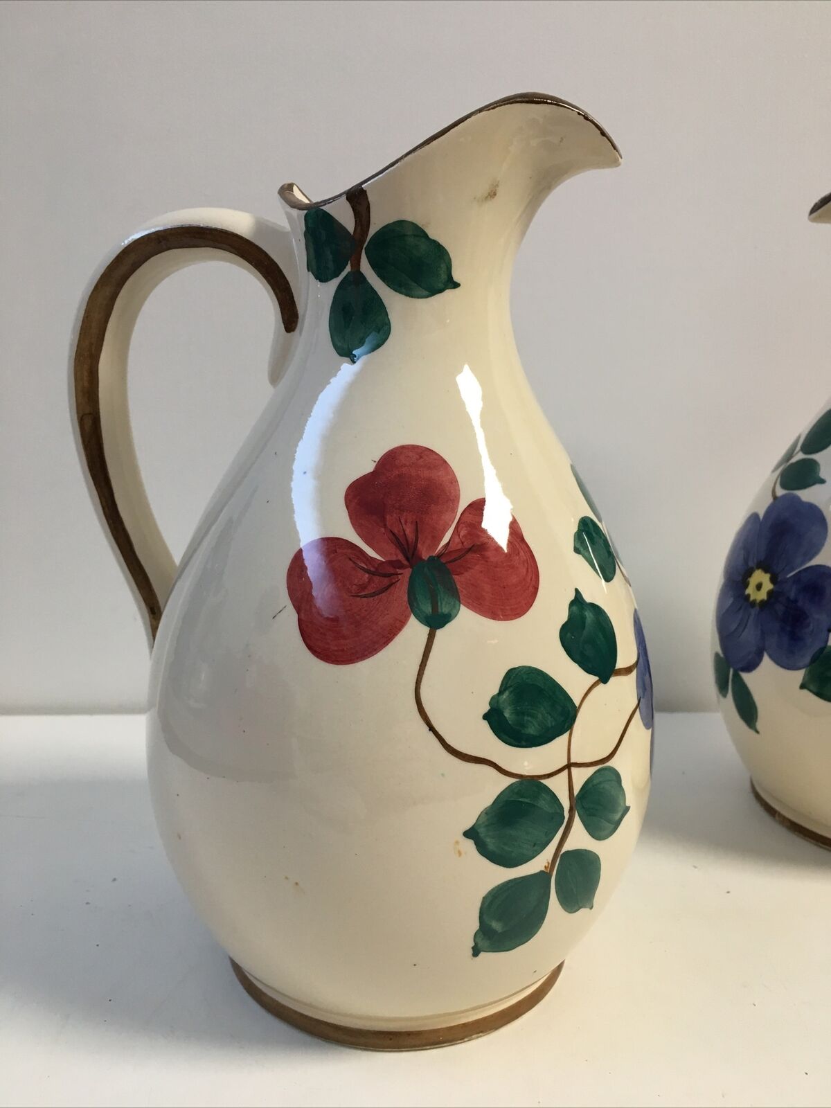 Pair of pitcher vases with spout handle deco numbered flower