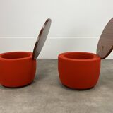 Pair of space age side tables, red velvet from the 70s