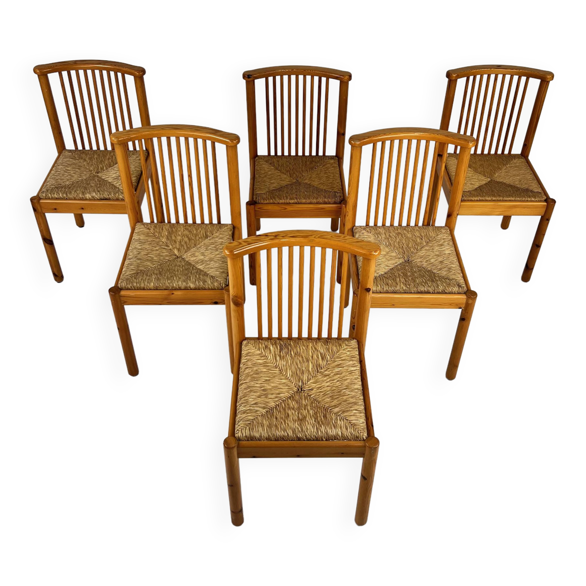 Set of 6 Scandinavian Pine and Rush Dining Chairs, 1970s