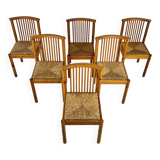 Set of 6 Scandinavian Pine and Rush Dining Chairs, 1970s