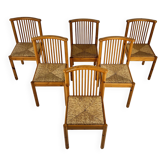 Ensemble de 6 chaises de salle à manger scandinaves en pin et jonc, 1970