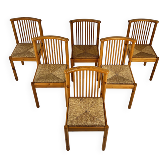Ensemble de 6 chaises de salle à manger scandinaves en pin et jonc, 1970