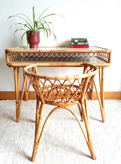 Rattan desk and chair with braces 1960