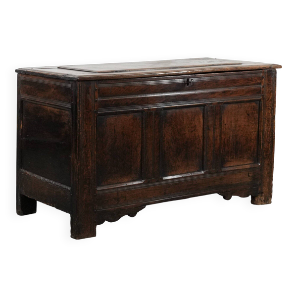 Coffre en chêne anglais à panneaux antiques du XVIIIe siècle.