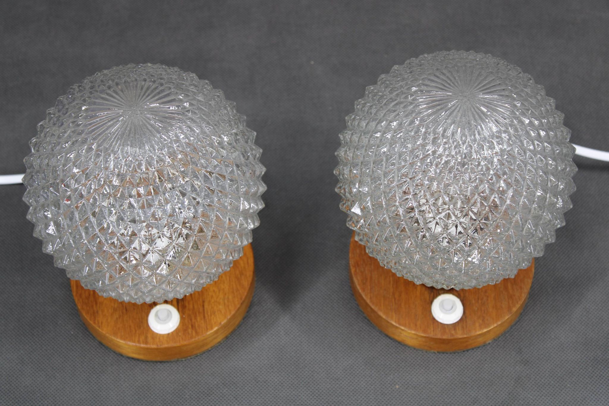 Pair of mid-century glass and wood table lamps, Czechoslovakia, 1970s