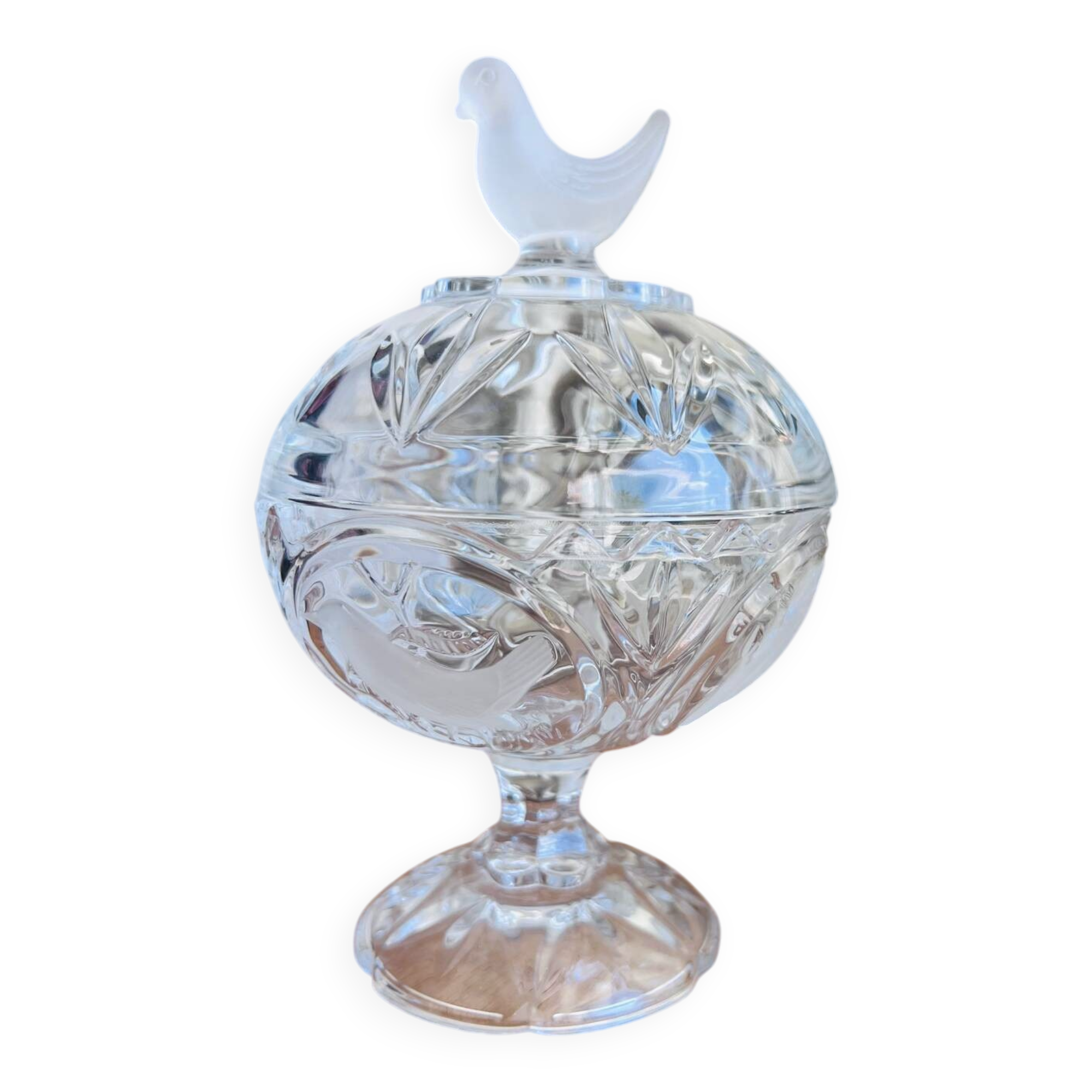 Pressed glass candy box with bird decor – 17 cm – Perfect condition