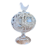 Pressed glass candy box with bird decor – 17 cm – Perfect condition