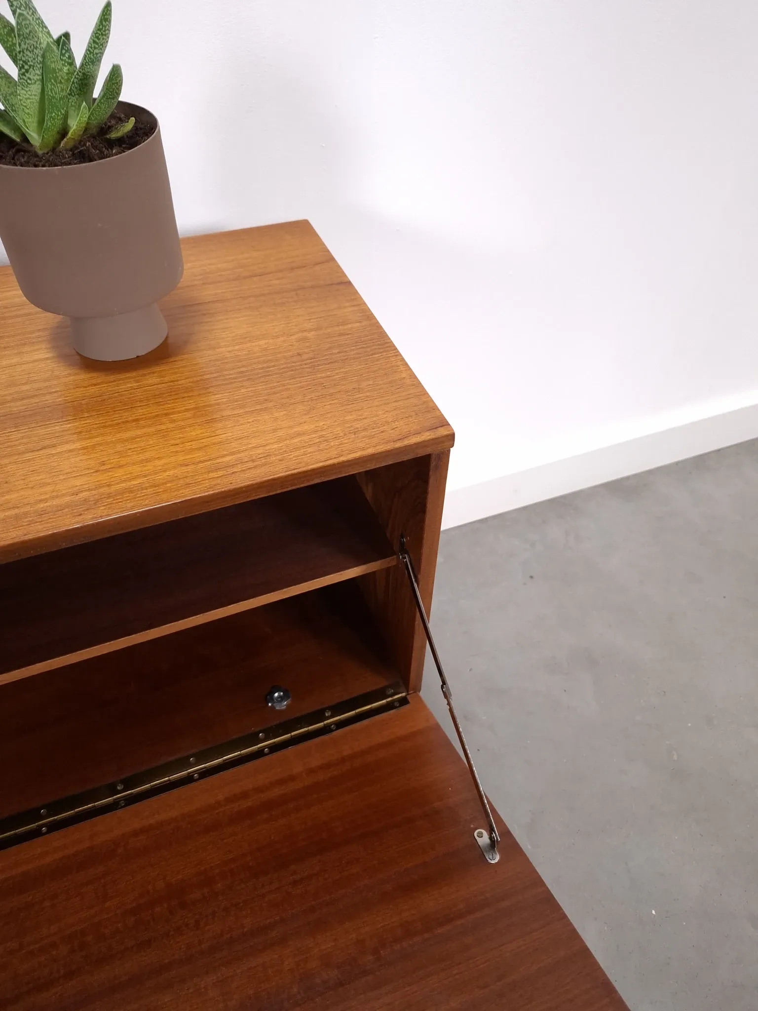 Vintage small teak cabinet with drawers, flap and black handles, hallway cabinet.