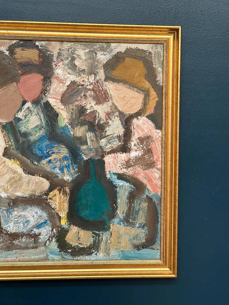 Original Swedish Oil on Canvas – "Family" by Gösta Falck – Signed – Vintage and Framed