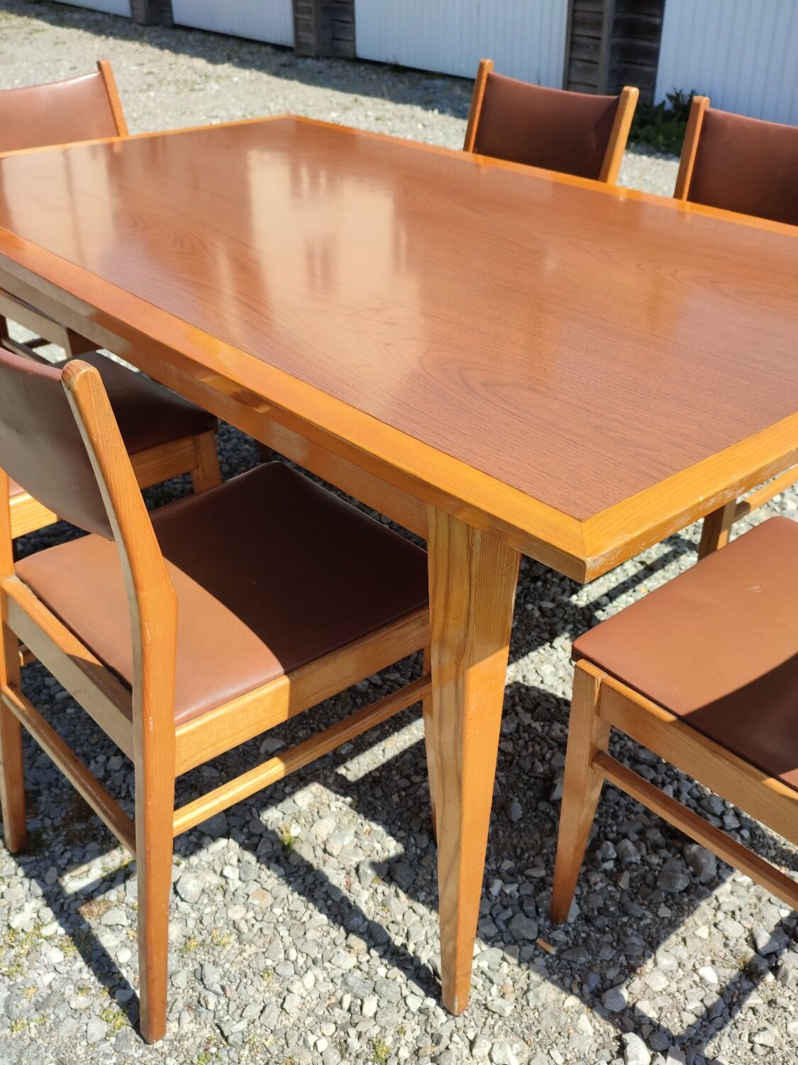 Formica teak table + 10 vintage Scandinavian style chairs