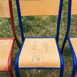 Set of 5 school chairs years '70 in red and blue