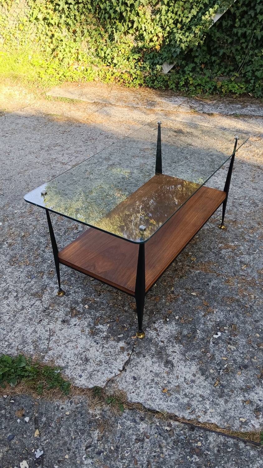 Coffee table in glass, wood and steel, mid-20th century.