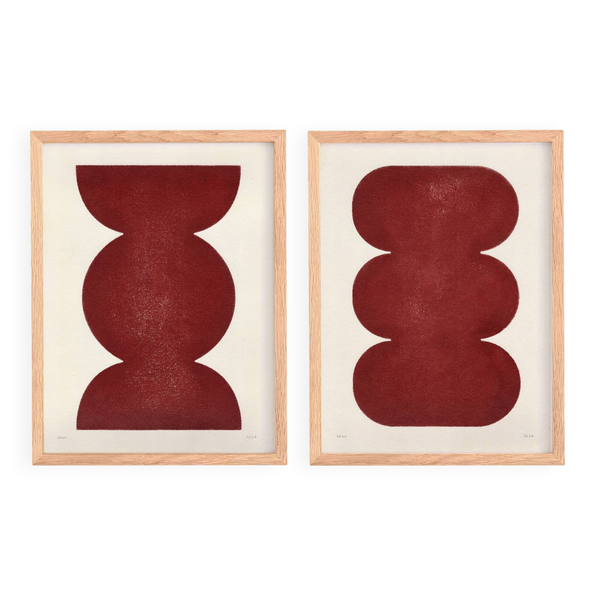 Duo of abstract paintings in burgundy on paper signed Eawy.