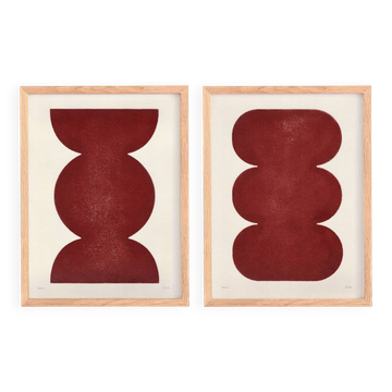Duo of abstract paintings in burgundy on paper signed Eawy.