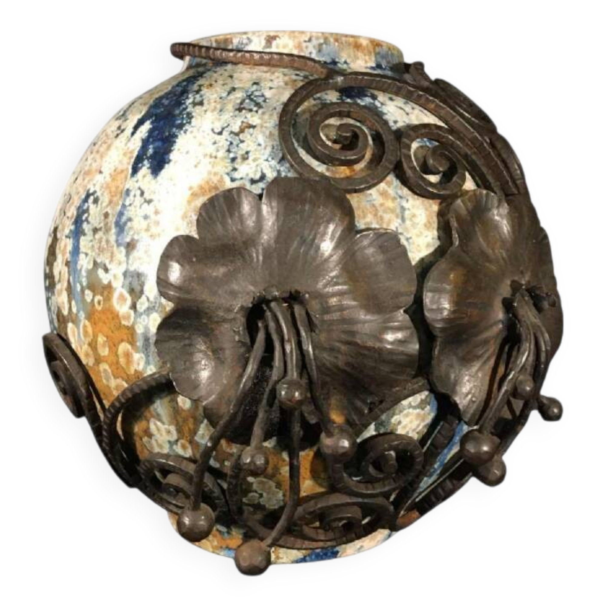 Roger Guérin & François Carion, Art Deco Ball Vase, Bouffioulx Stoneware and Wrought Iron, Ca 1925