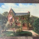 19th century French oil painting, a house and its garden, 1874