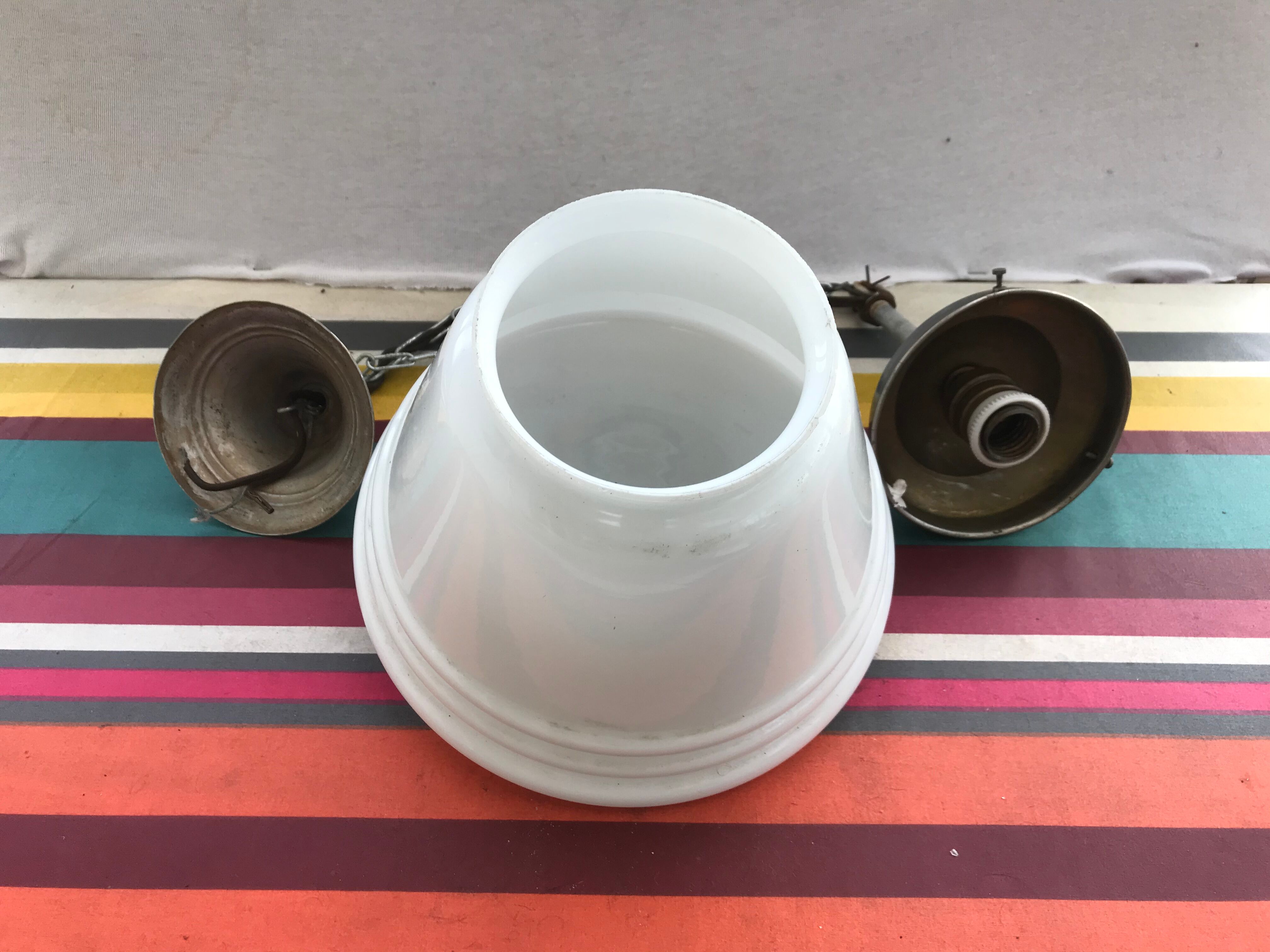Old white opaline suspension - alu support 50 years vintage