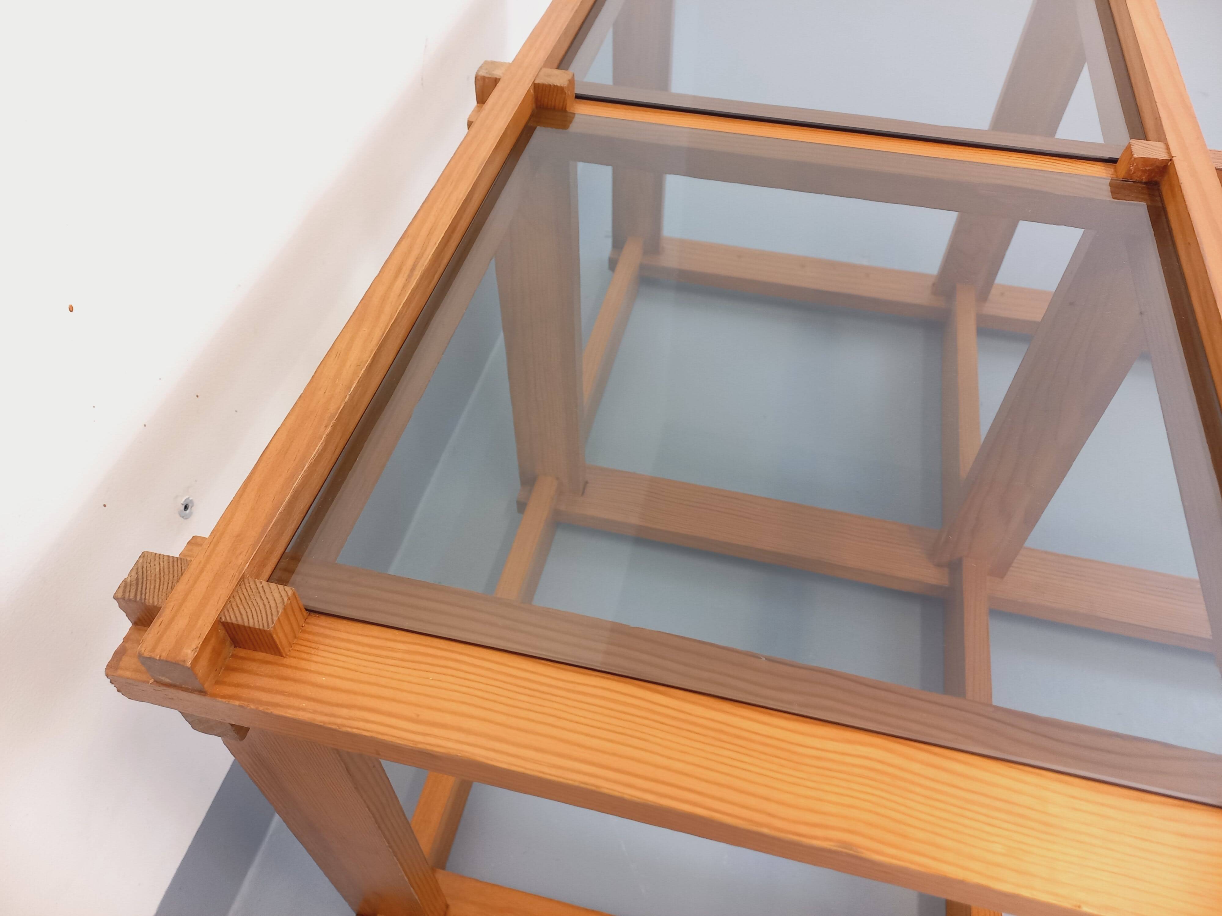 Vintage square coffee table in pine and smoked glass from the 70s and 80s.