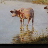 Oil on canvas depicting cows at the edge of the pond circa 1900