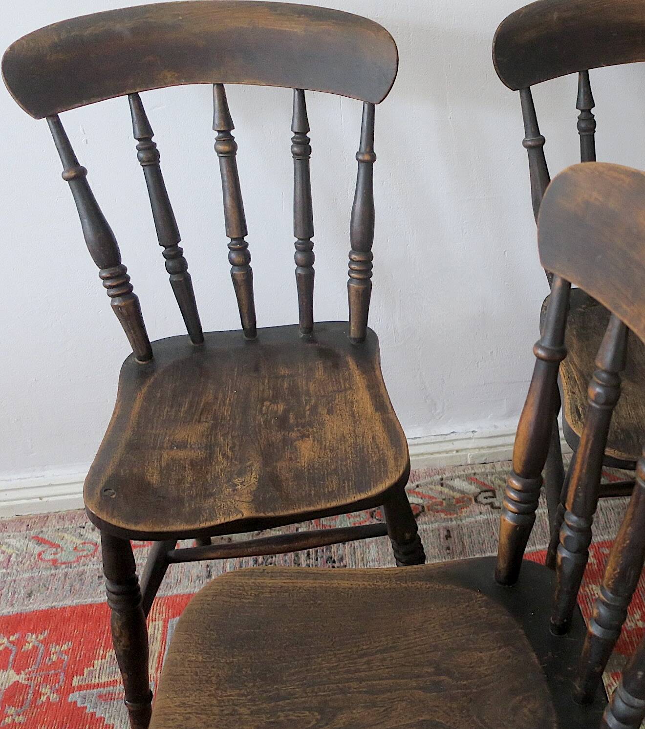 Antique set of 4 farmhouse patinated oak dining chairs, 19th century