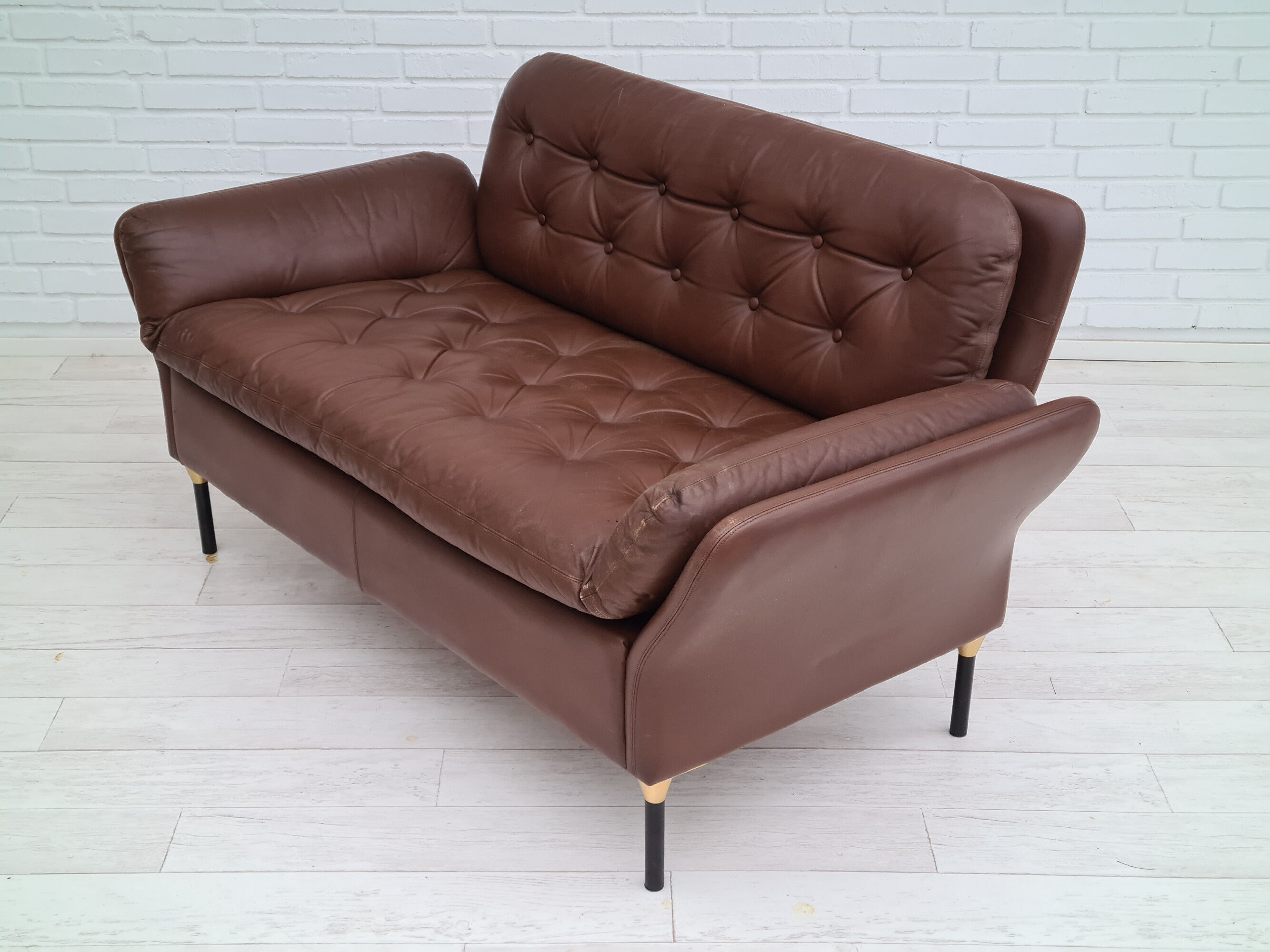 Danish 2-seater sofa, original brown leather, 70s