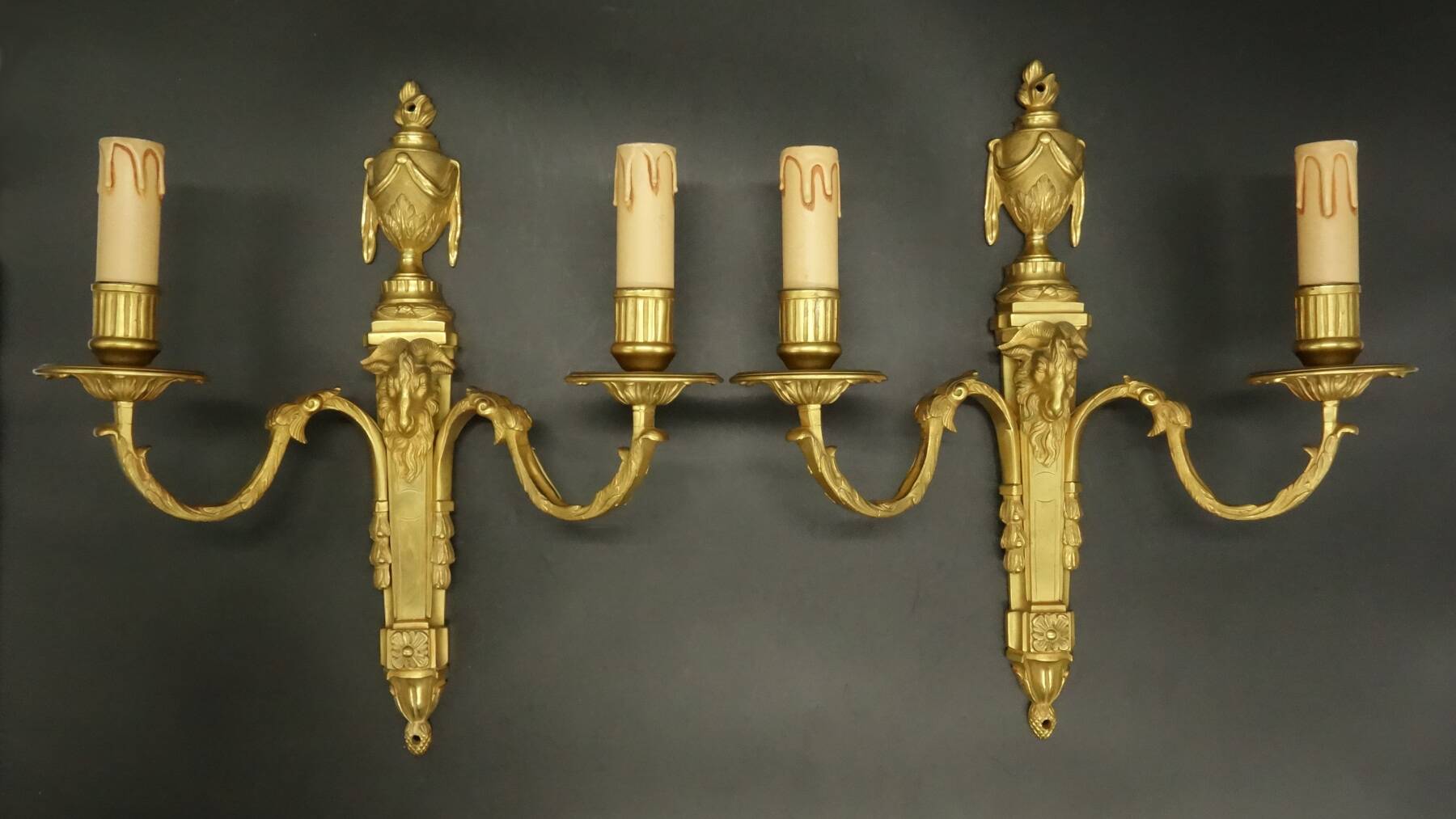 Pair of large sconces, ram's head, Louis XVI style, 19th century - gilded bronze