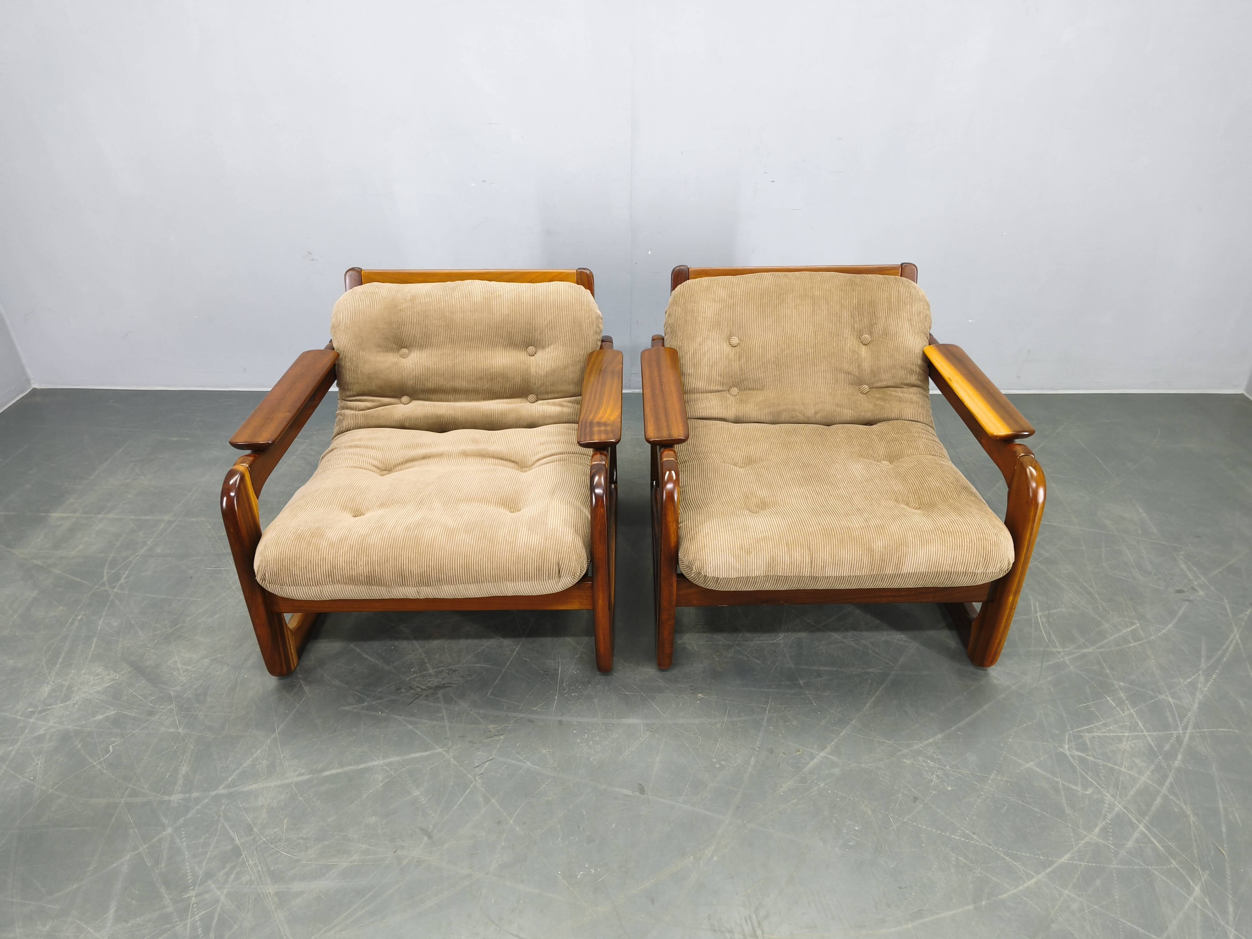 Pair of 1970s Scandinavian lounge chairs, upholstered in corduroy.