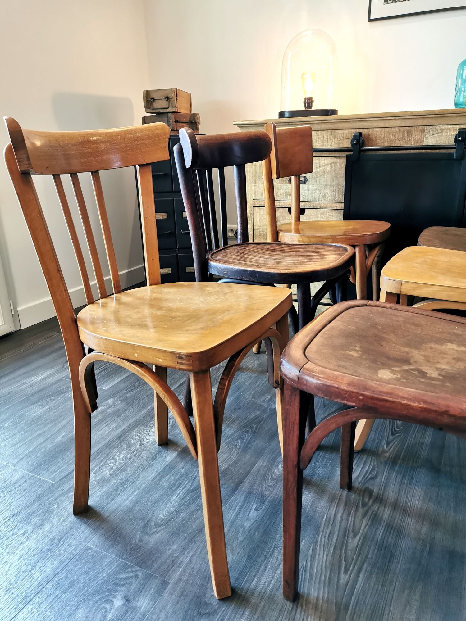 Baumann Stella and Luterma series of 6 mismatched bistro chairs