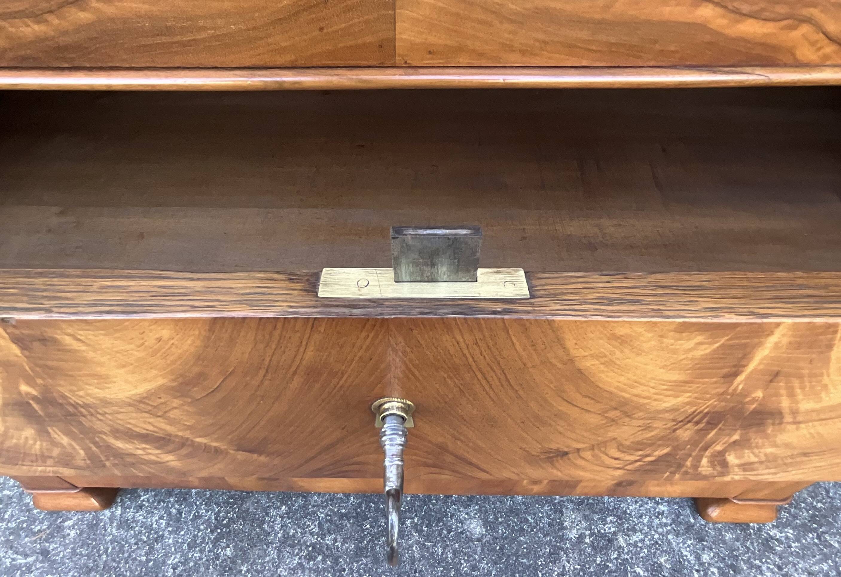 Louis-Philippe commode in burr walnut, Saint-Anne grey marble, mid-century