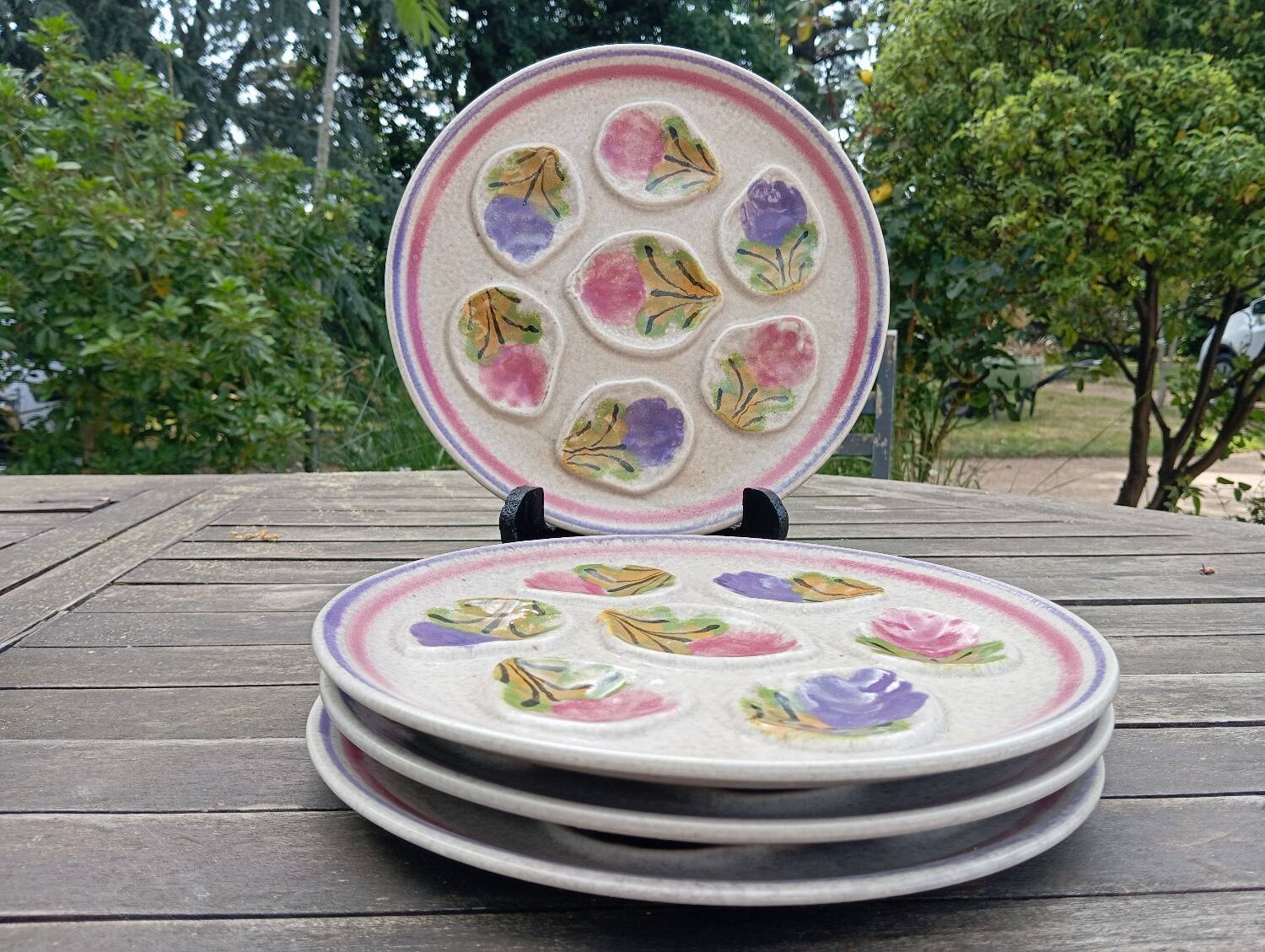 4 oyster plates 1960/70 floral decoration by MBFA Pornic