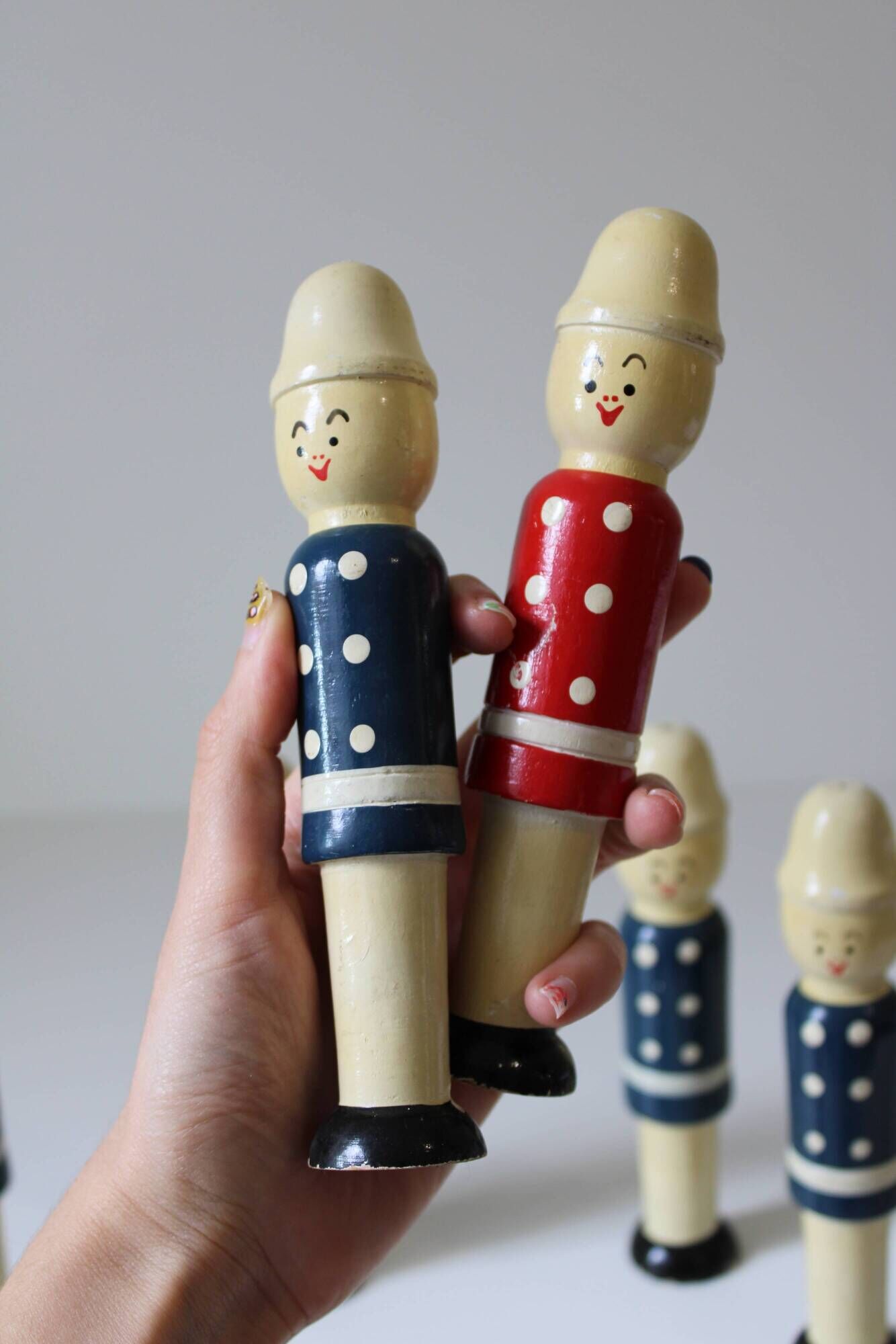 Vintage 1970s wooden soldier bowling set or bowling alley
