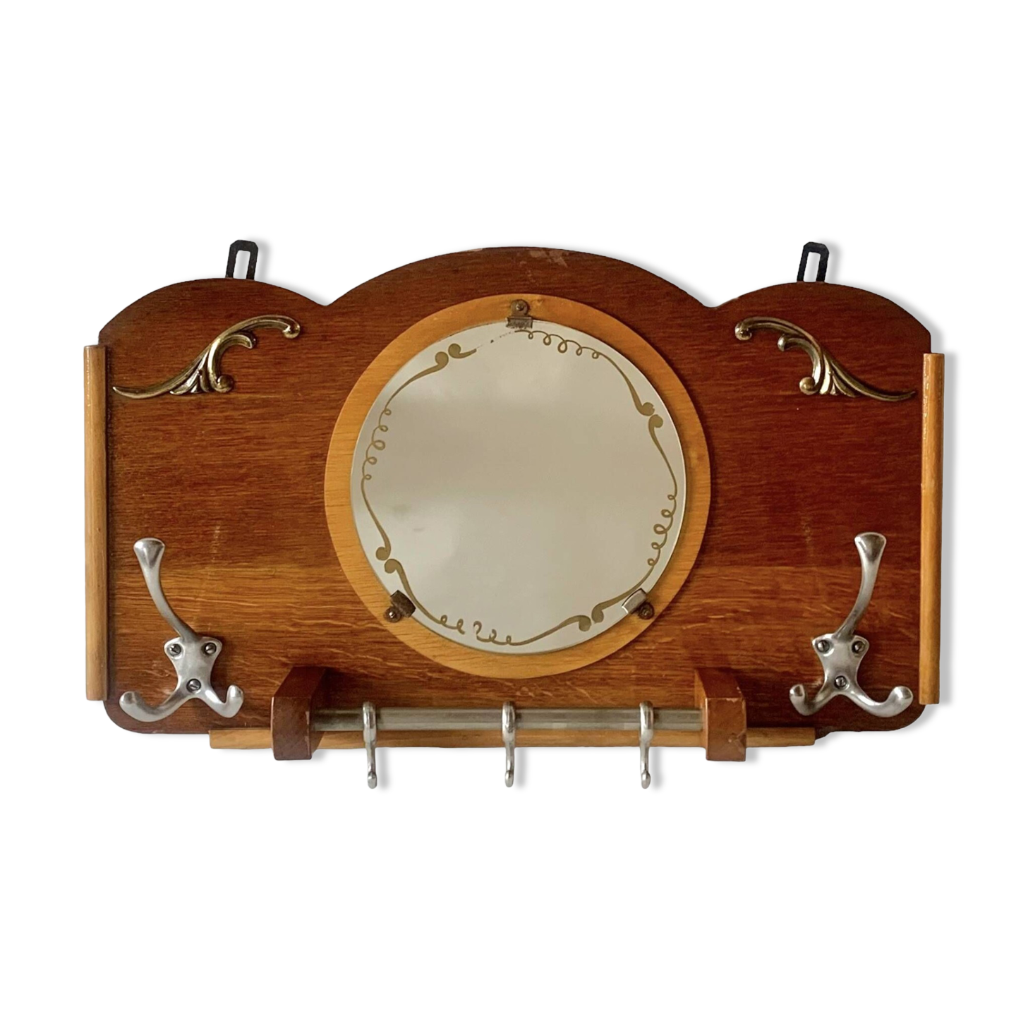 Art Deco wooden wall coat rack with round central mirror
