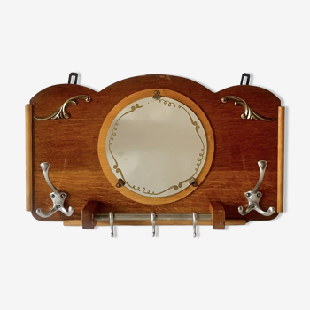 Art Deco wooden wall coat rack with round central mirror