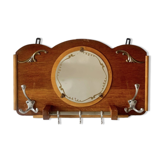 Art Deco wooden wall coat rack with round central mirror