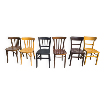 Set of 6 mismatched vintage wooden bistro chairs