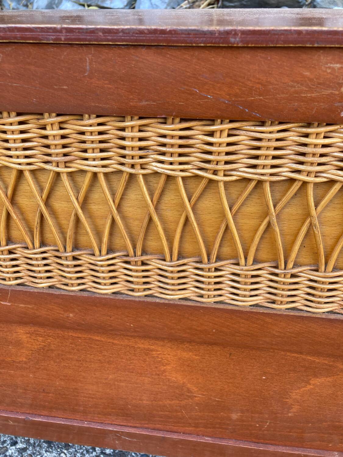 Vintage wood and rattan chest bench