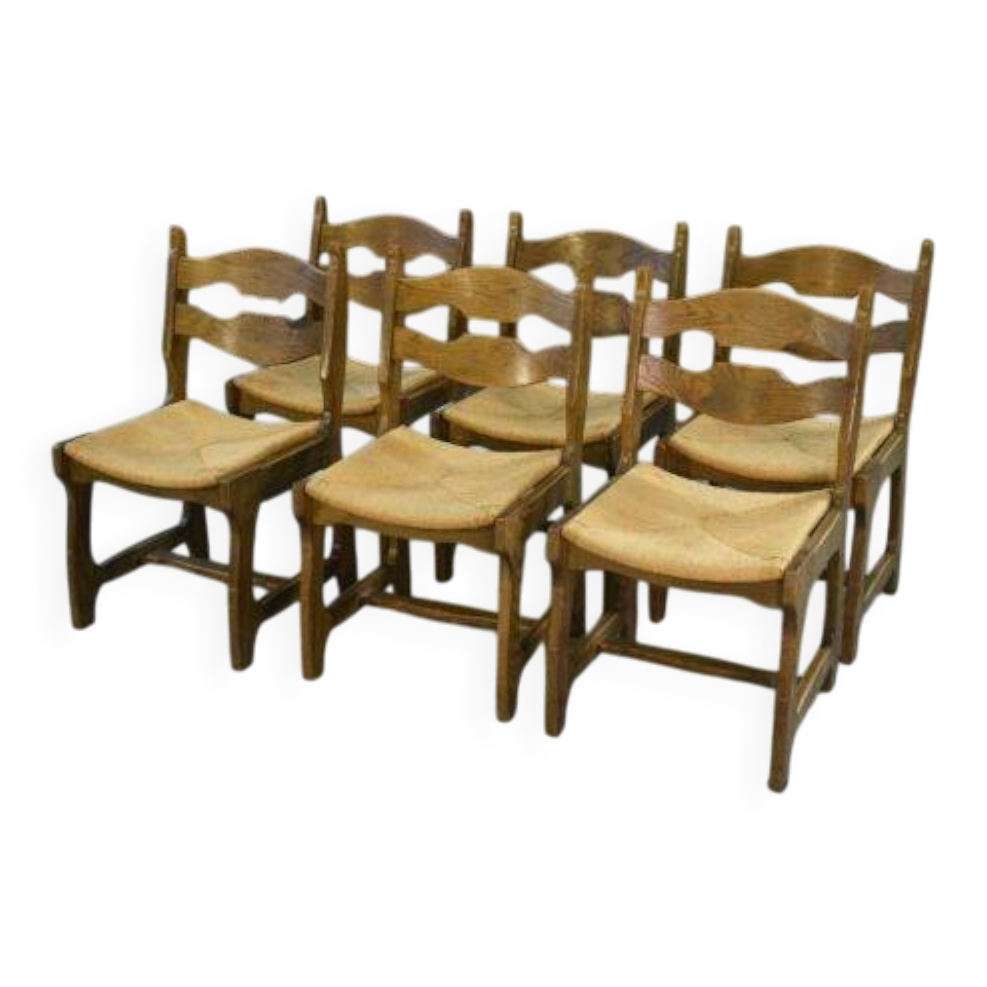 Set of 6 solid oak chairs with straw seats in the style of Guillerme and Chambron, 1950s