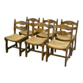 Set of 6 solid oak chairs with straw seats in the style of Guillerme and Chambron, 1950s