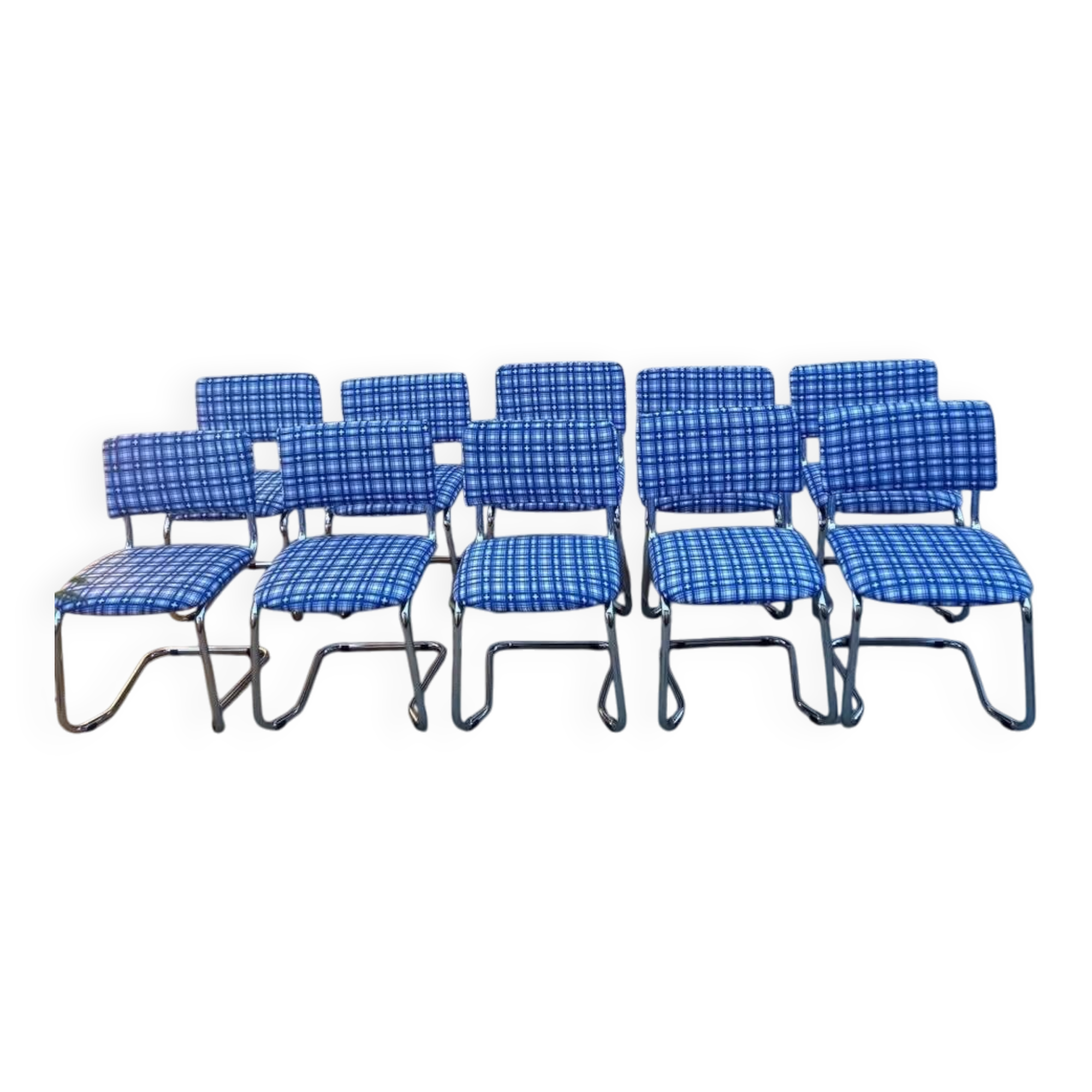 Vintage chrome cantilever chairs with blue checkered upholstery, 1970s, set of 10