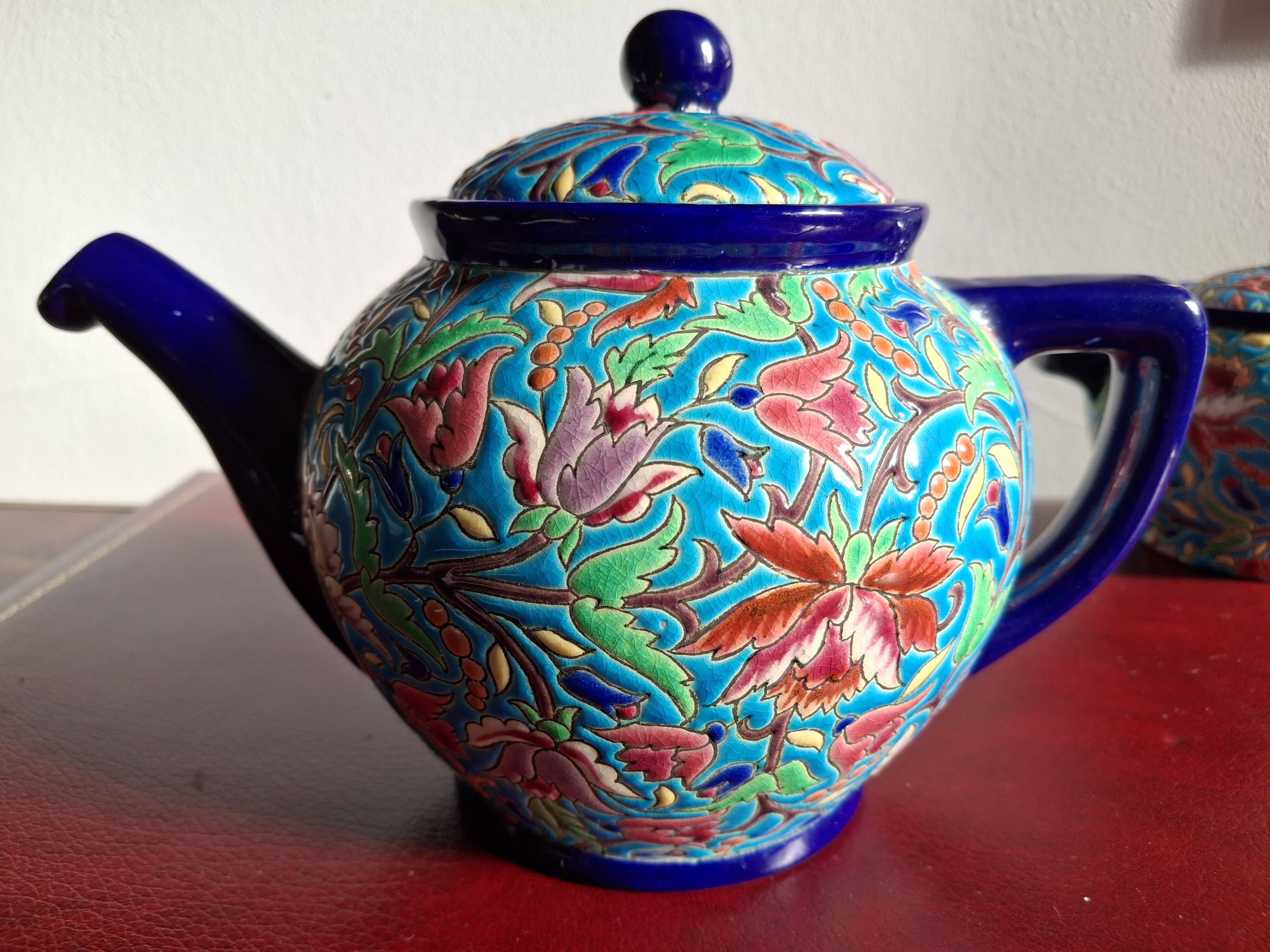 Cloisonné enamel tea service from Longwy in excellent condition.