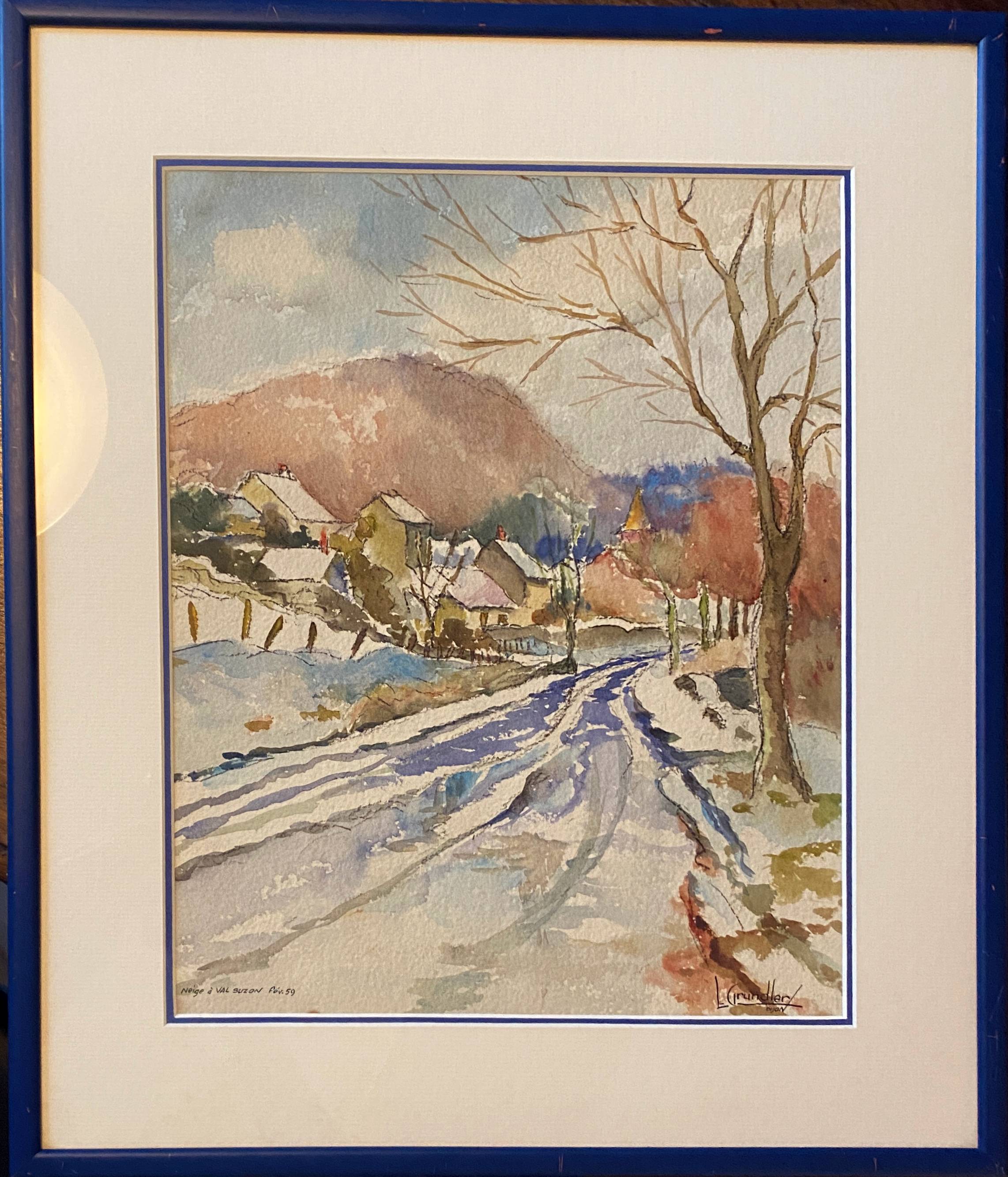 Watercolour painting "Snow in Val Suzon" (21) signed L. Grundler 1959