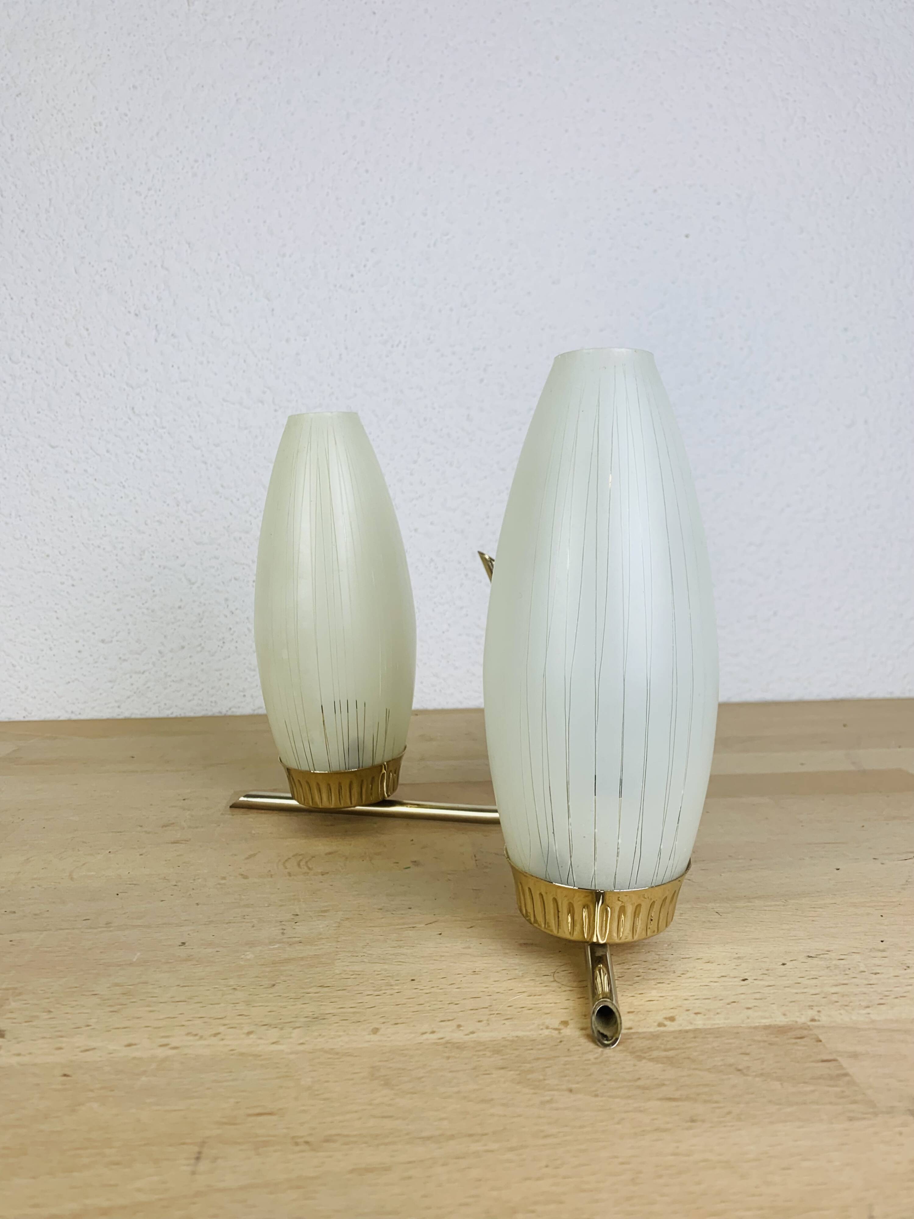 50s double-light wall light, brass and black metal, opaline tulips