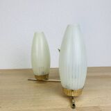 50s double-light wall light, brass and black metal, opaline tulips