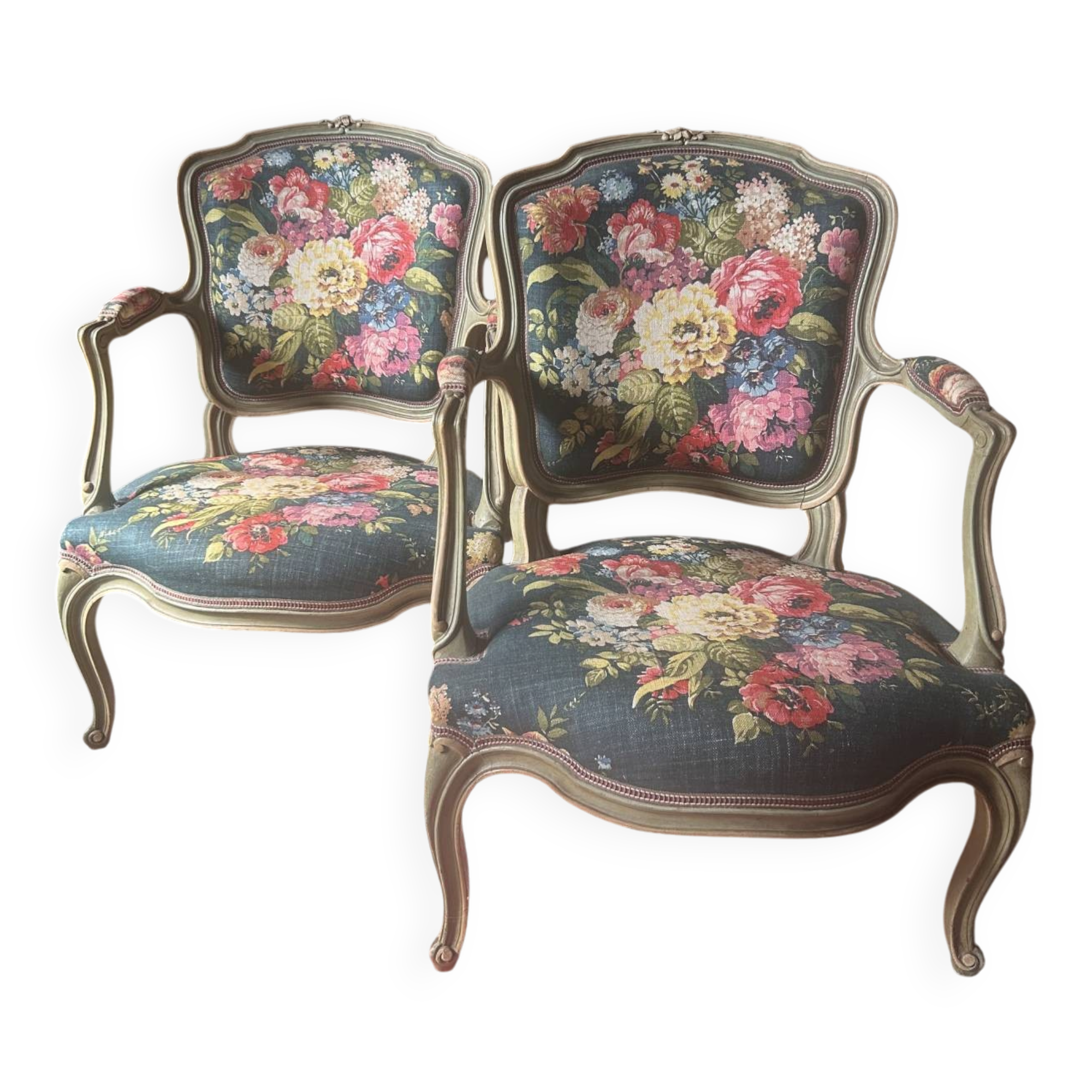 Pair of queen's armchairs with celadon green patina.